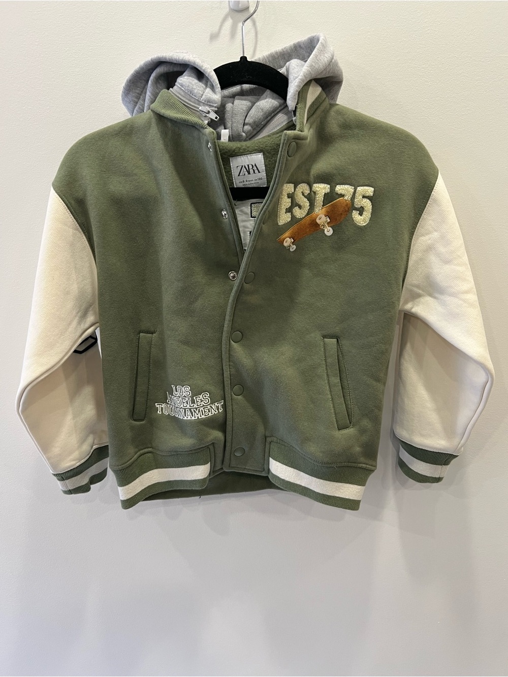 Zara Boys Varsity Hoodie Jacket Skate Ramp Green Cream Size 8/9 (130)